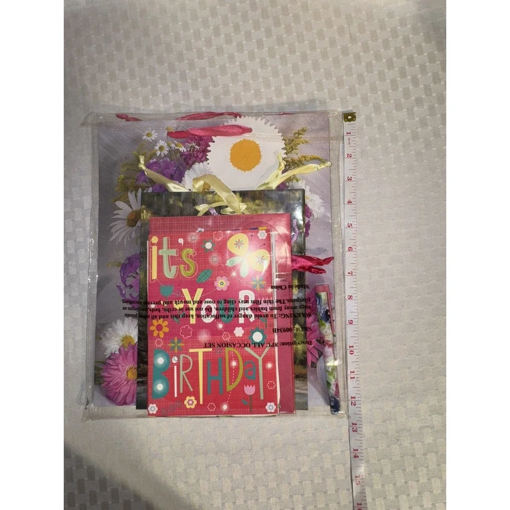 Gem Stone 13‎ PC Pink Floral Birthday Cards Gift Bags Tissue Pen Set
